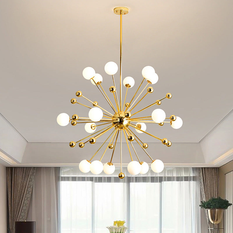 Designer Starburst Metal Chandelier Multi Lights Plafond Gold Plafond Lampe avec une teinte à billes en verre blanche, 23,5 "/31,5" / 39 "de large