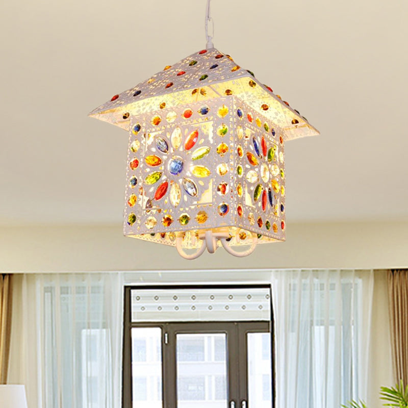 Bohemia House Shade Chandelier Hanging Light Metal 3 Lights Pendant Lamp with Crystal Gem in White Finish