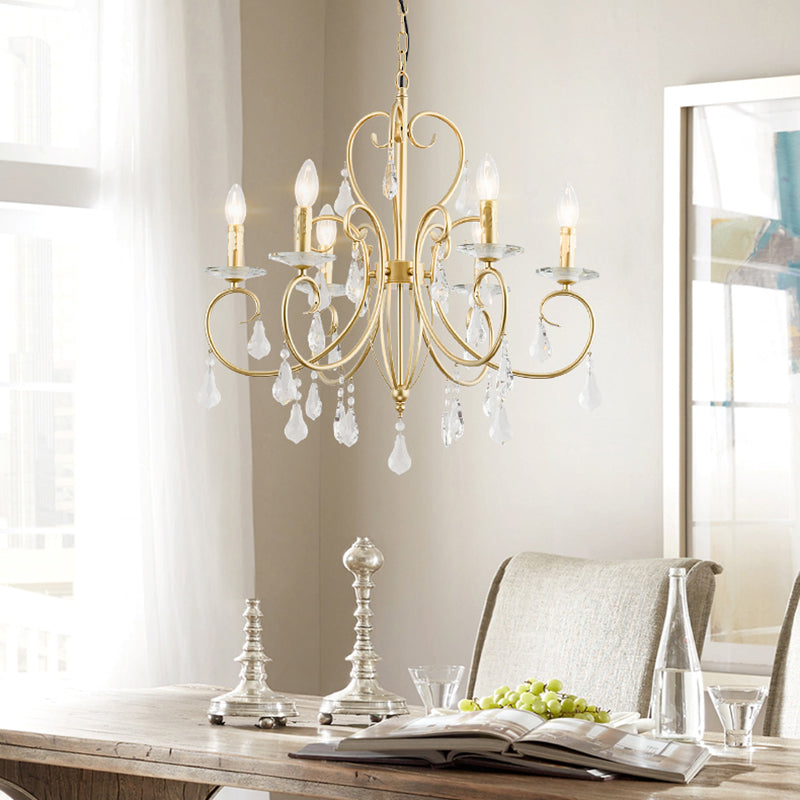 Modern Style Candle Hanging Lamp with Clear Crystal Accent 3/6 Lights Chandelier Lighting in Gold