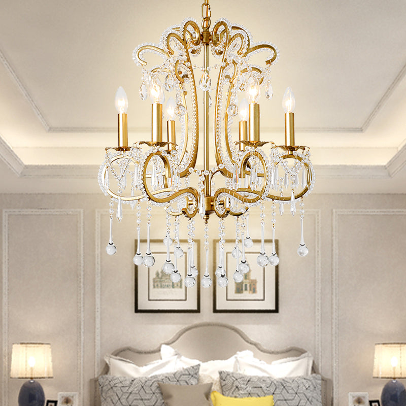 Gold Finish Candle Ceiling Pendant Light Vintage Style Crystal and Metal 6 Lights Suspension Light for Bedroom