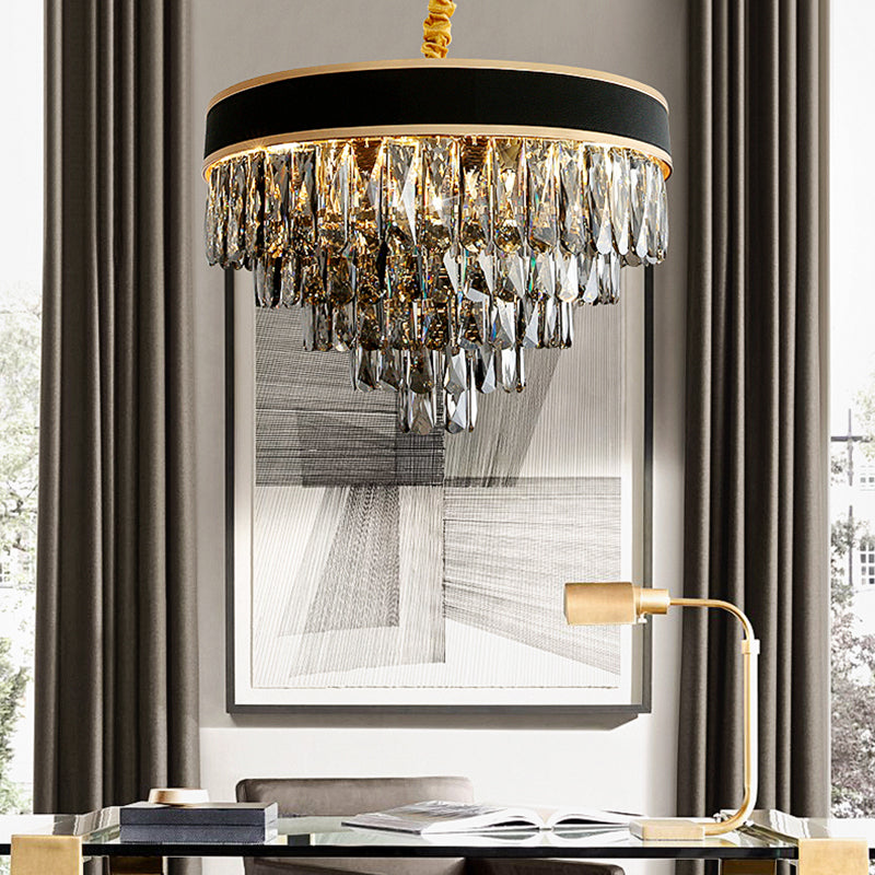 Layered Chandelier Lighting Modern Style Crystal 9/12 Lights Hanging Light Fixture in Smoke Grey