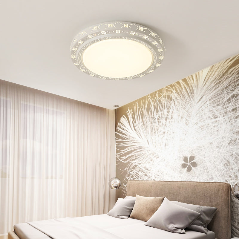 White Drum Ceiling Flush Mount with Crystal Accent Modern Bedroom LED Flush Mount Fixture, 16"/19.5" Wide