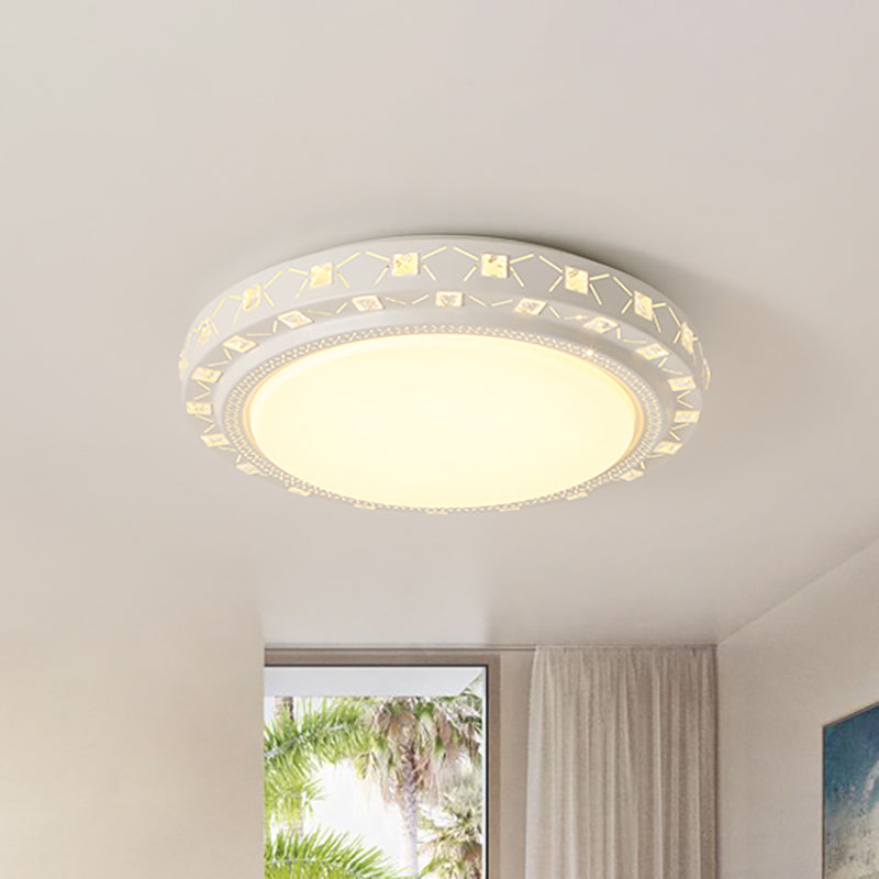 Plafonnier encastré à tambour blanc avec accents de cristal, luminaire LED moderne pour chambre à coucher, 16"/19,5" de large