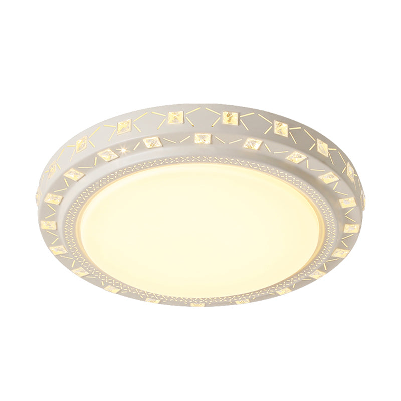 White Drum Ceiling Flush Mount with Crystal Accent Modern Bedroom LED Flush Mount Fixture, 16"/19.5" Wide