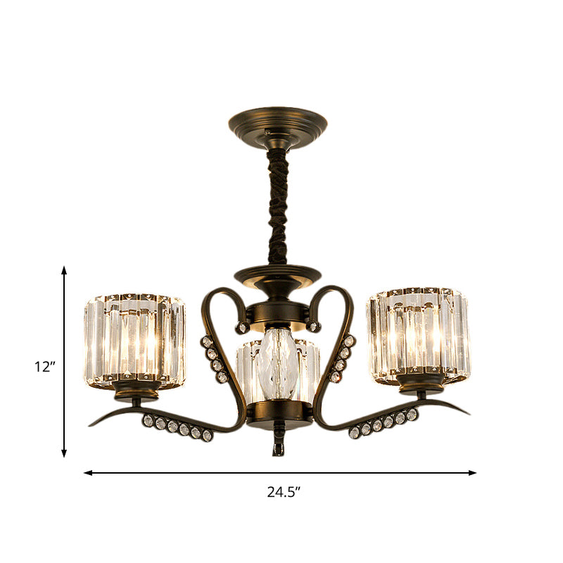 Clear Crystal Drum Chandelier Lamp Vintage Style 3/5 Heads Suspension Light in Black for Dining Room