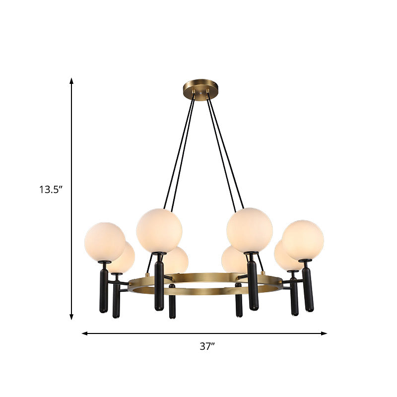 Sphere Chandelier Lighting with Circular Design Modern White Glass 8 Lights Black Hanging Fixture