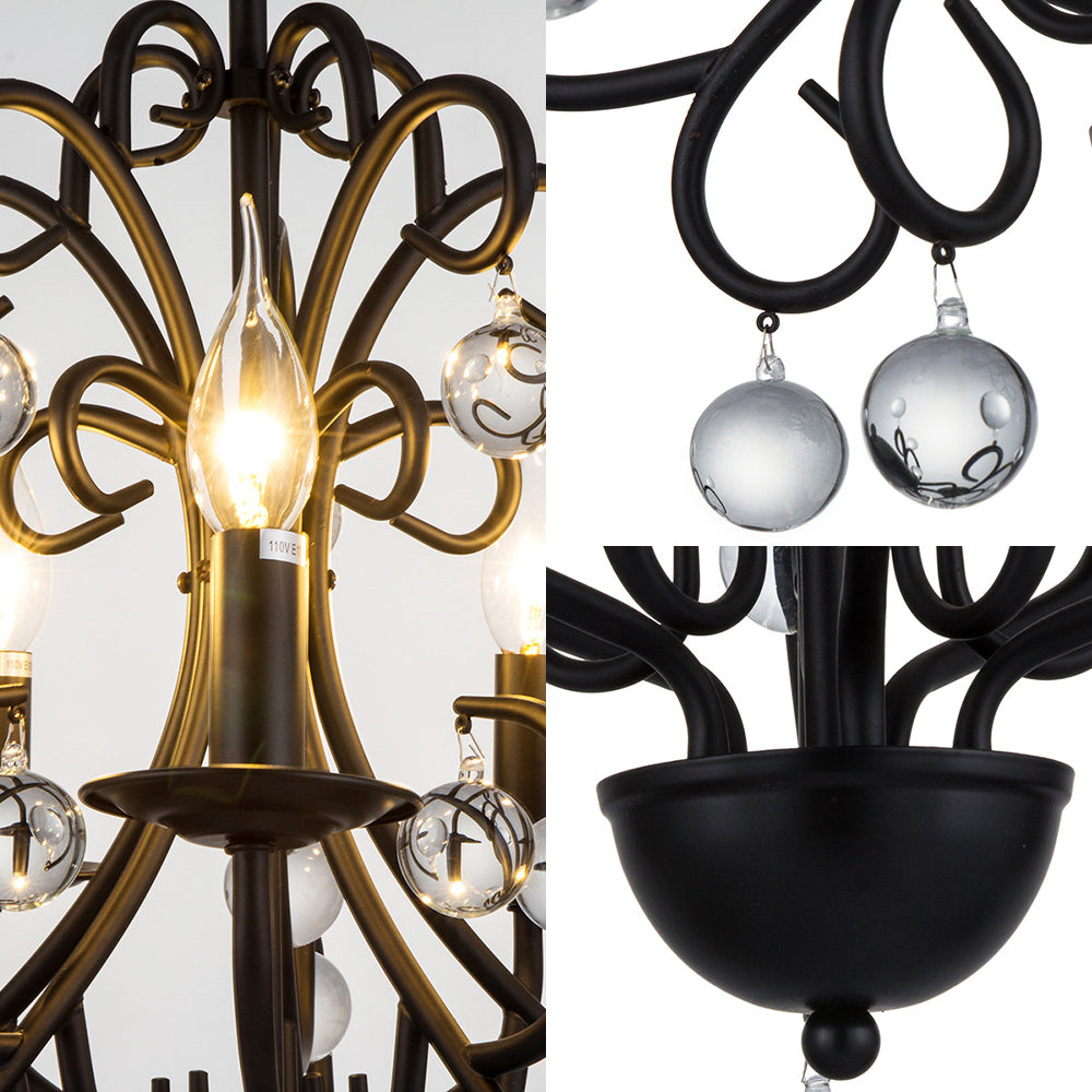 Esszimmer Kerze Kronleuchter Lampe Metall Vintage Style 5 Lichter Schwarz Aufhängung Licht mit klarer Kristallkugel