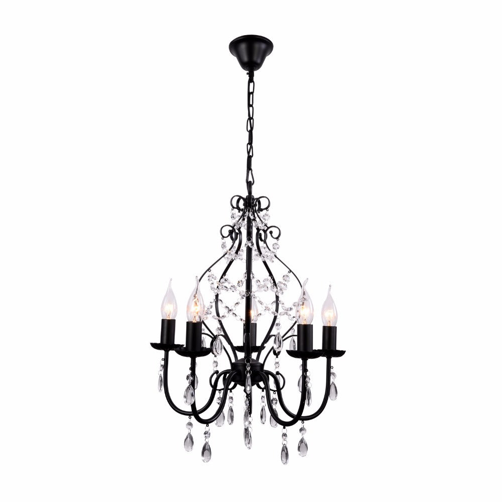 Industrial Style Crystal Chandelier Light Fixture 5 Bulbs Pendant Lamp with Flameless Candle in Black