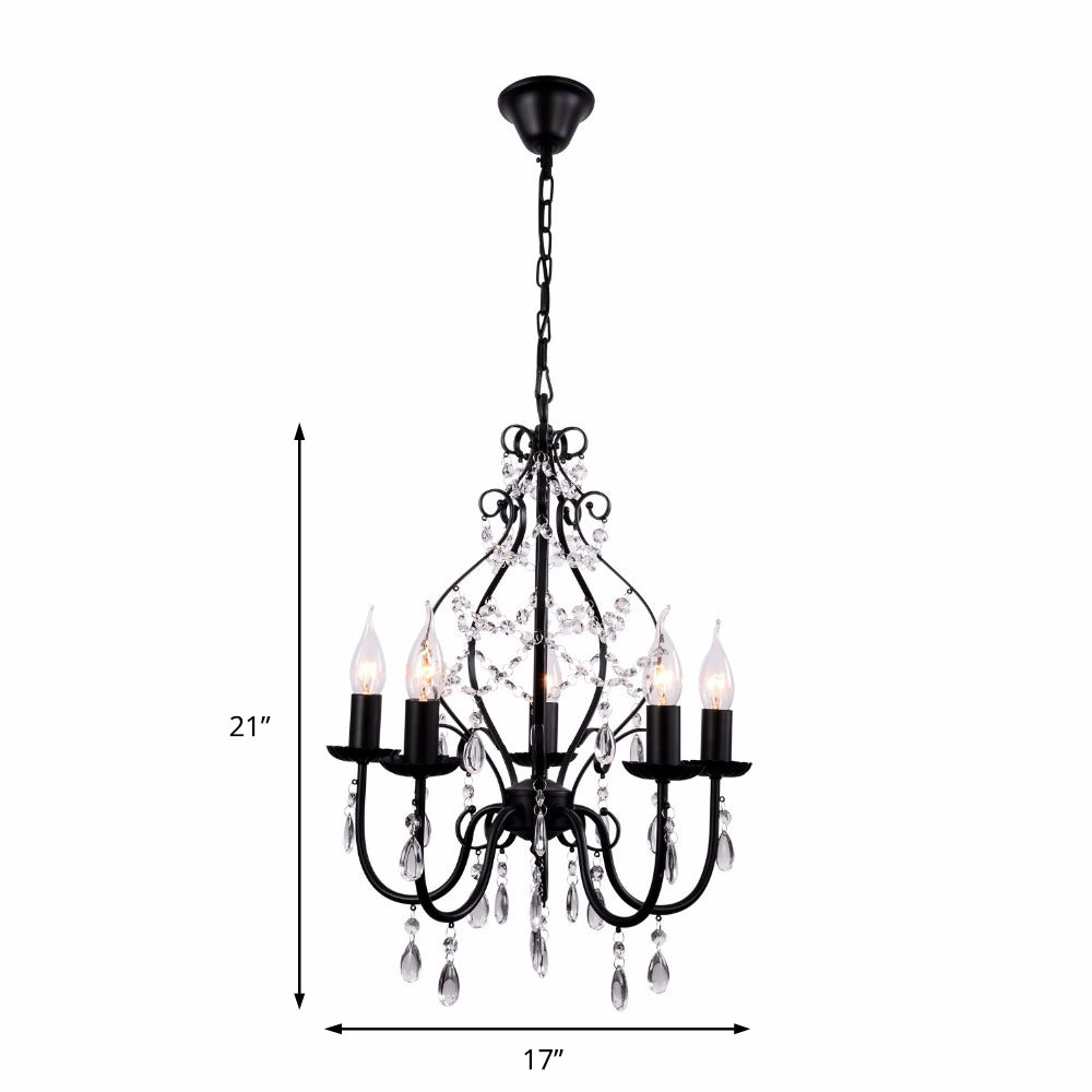 Industrial Style Crystal Chandelier Light Fixture 5 Bulbs Pendant Lamp with Flameless Candle in Black