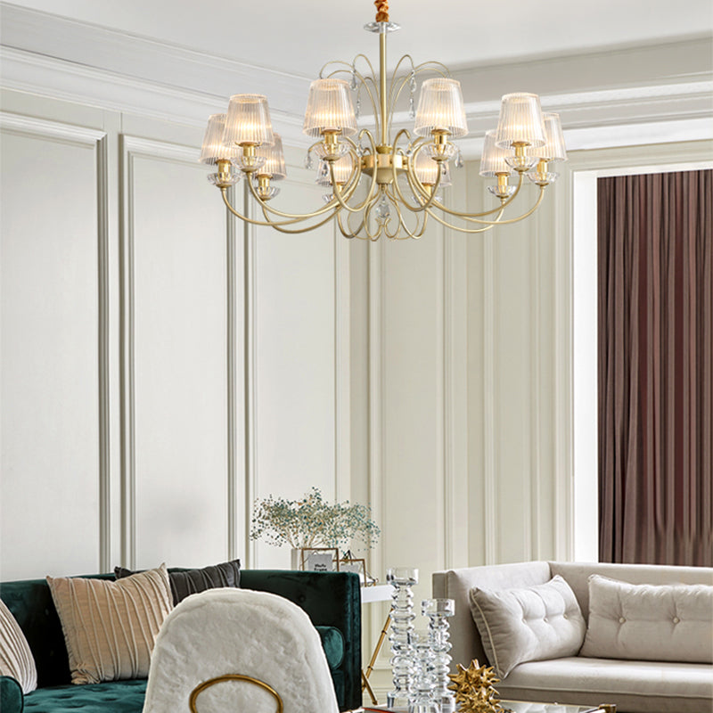 6/8/10 Lights Cone Chandelier Lamp Modern Clear Ribbed Glass Hanging Ceiling Light in Gold for Living Room