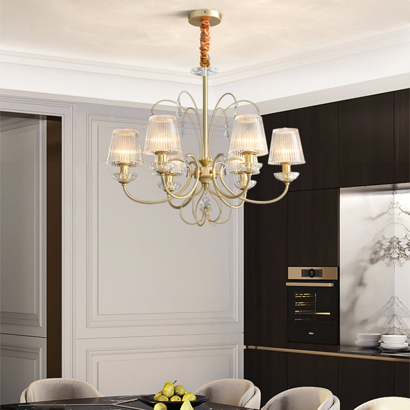 6/8/10 Lights Cone Chandelier Lamp Modern Clear Ribbed Glass Hanging Ceiling Light in Gold for Living Room