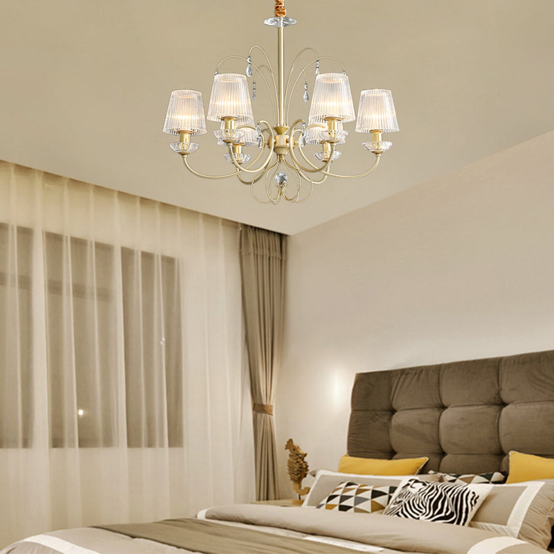 6/8/10 Lights Cone Chandelier Lamp Modern Clear Ribbed Glass Hanging Ceiling Light in Gold for Living Room