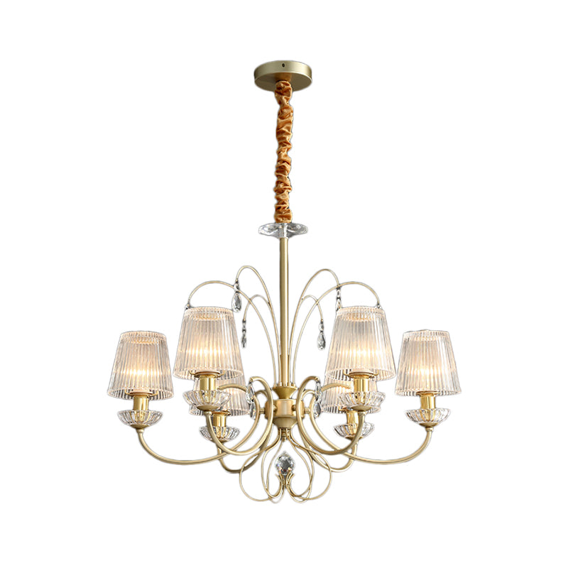 6/8/10 Lights Cone Chandelier Lamp Modern Clear Ribbed Glass Hanging Ceiling Light in Gold for Living Room