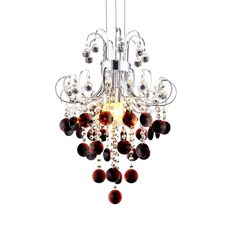 Chrome Finish Beaded Chandelier Lamp 4 Lights Modernism Burgundy Crystal Pendant Light for Bedroom