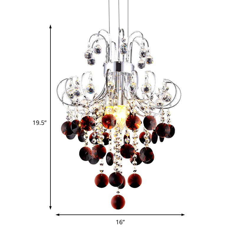 Chrome Finish Beaded Chandelier Lamp 4 Lights Modernism Burgundy Crystal Pendant Light for Bedroom