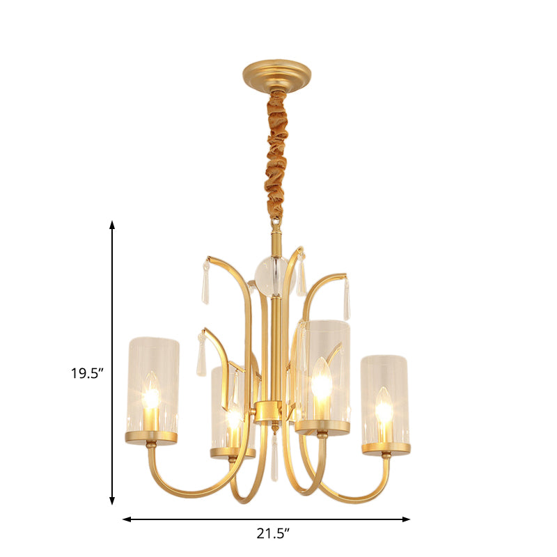 Modernism Cylinder Pendant Light Clear Glass 4/6/8 Lights Chandelier Lamp with Crystal Accent in Gold Finish