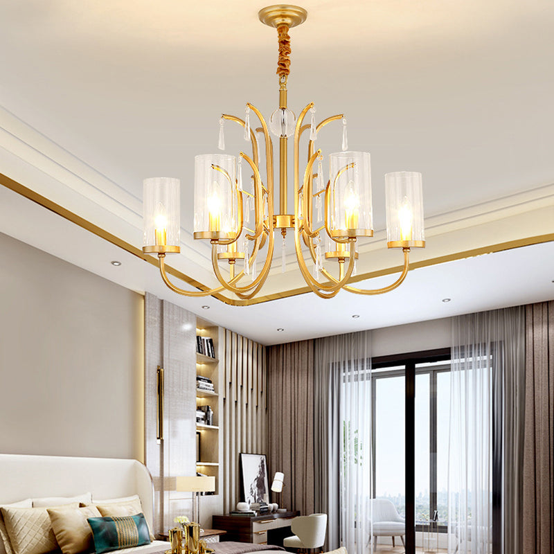 Modernism Cylinder Pendant Light Clear Glass 4/6/8 Lights Chandelier Lamp with Crystal Accent in Gold Finish