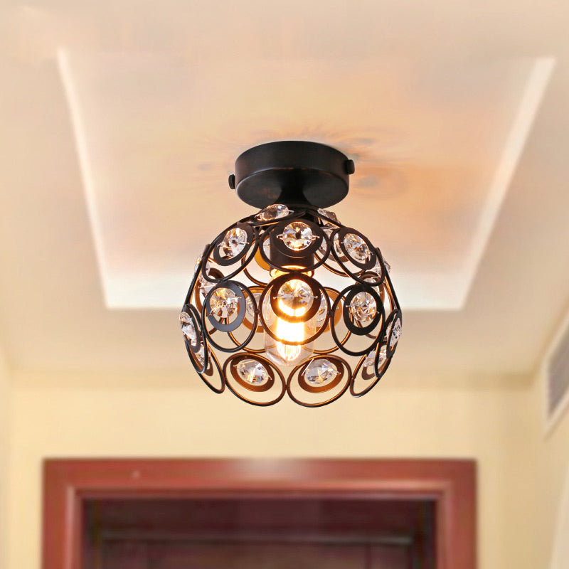 Lámpara colgante semi empotrada de metal negro, pantalla de cúpula moderna, 1 luz, accesorio montado en el techo con decoración de cristal transparente