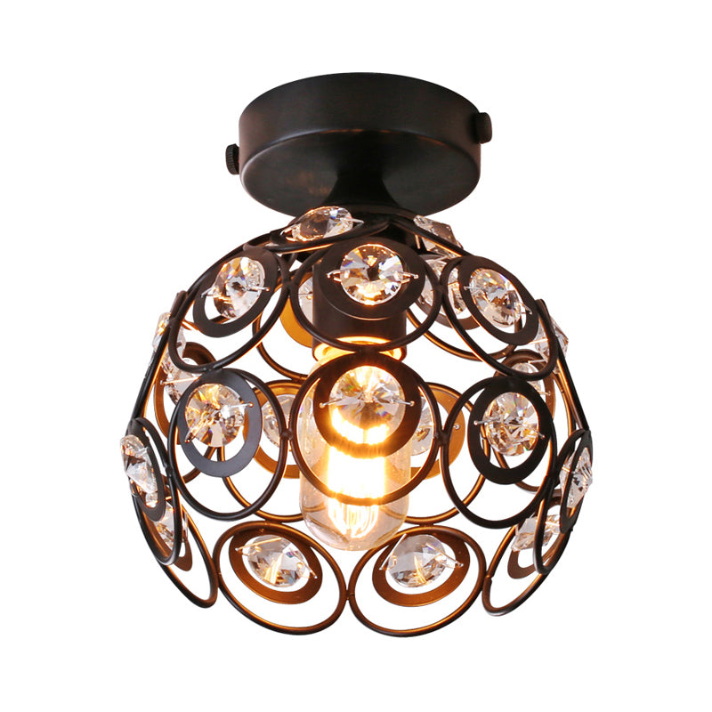 Lámpara colgante semi empotrada de metal negro, pantalla de cúpula moderna, 1 luz, accesorio montado en el techo con decoración de cristal transparente