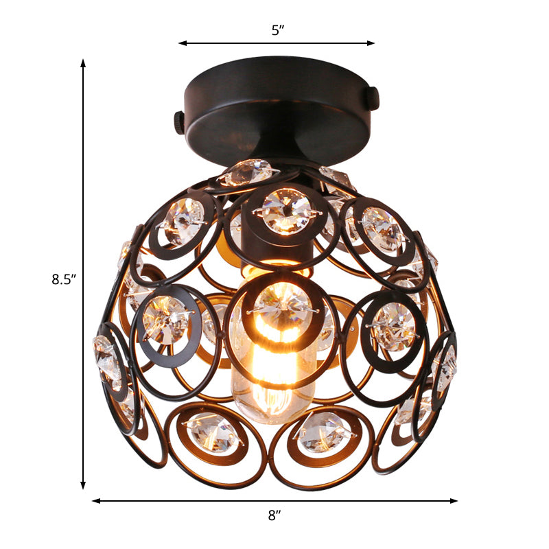 Black Metal Semi Flush Pendant Light Modern Dome Shade 1 Light Massimale Montato Fixture con Clear Crystal Deco