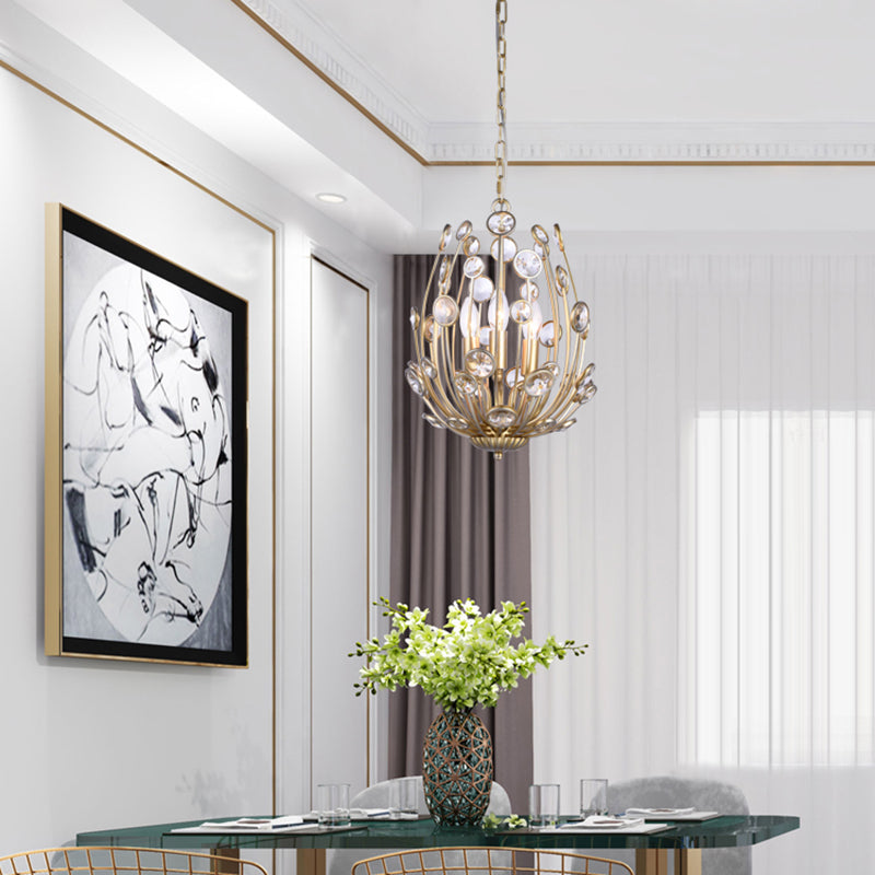 3 Lights Floral Chandelier Lighting Modern Style Metal and Crystal Hanging Light Fixture in Gold for Dining Room