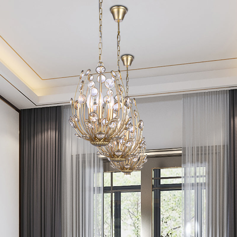 3 Lights Floral Chandelier Lighting Modern Style Metal and Crystal Hanging Light Fixture in Gold for Dining Room