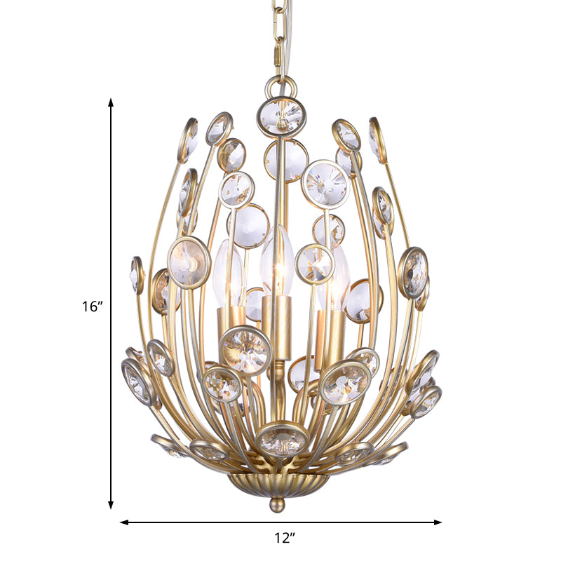 3 Lights Floral Chandelier Lighting Modern Style Metal and Crystal Hanging Light Fixture in Gold for Dining Room