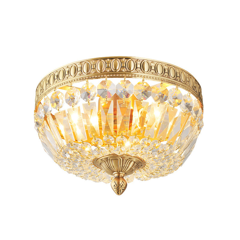 3 Lumières Metal Ceiling Mounted Light Vintage Golden Bowl Shade Flush Ceiling Light with Clear Crystal Deco