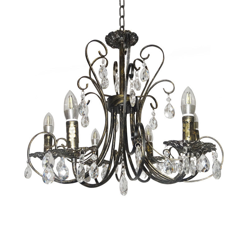 Rustic Style Candle Chandelier Lighting Wrought Iron 6 Lights Suspension Lamp with Crystal Accent in Brass