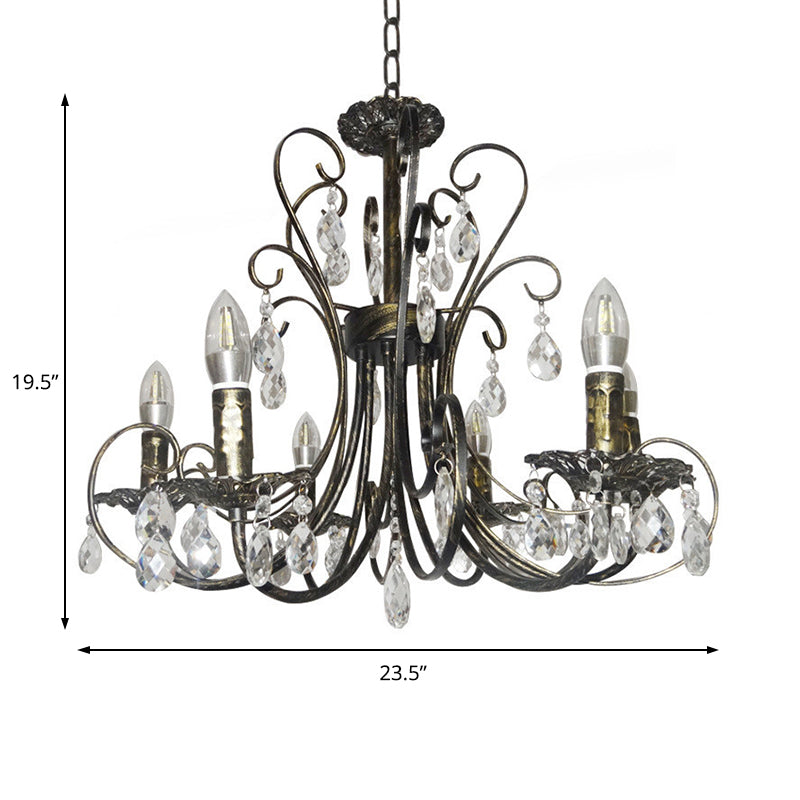 Rustic Style Candle Chandelier Lighting Wrought Iron 6 Lights Suspension Lamp with Crystal Accent in Brass