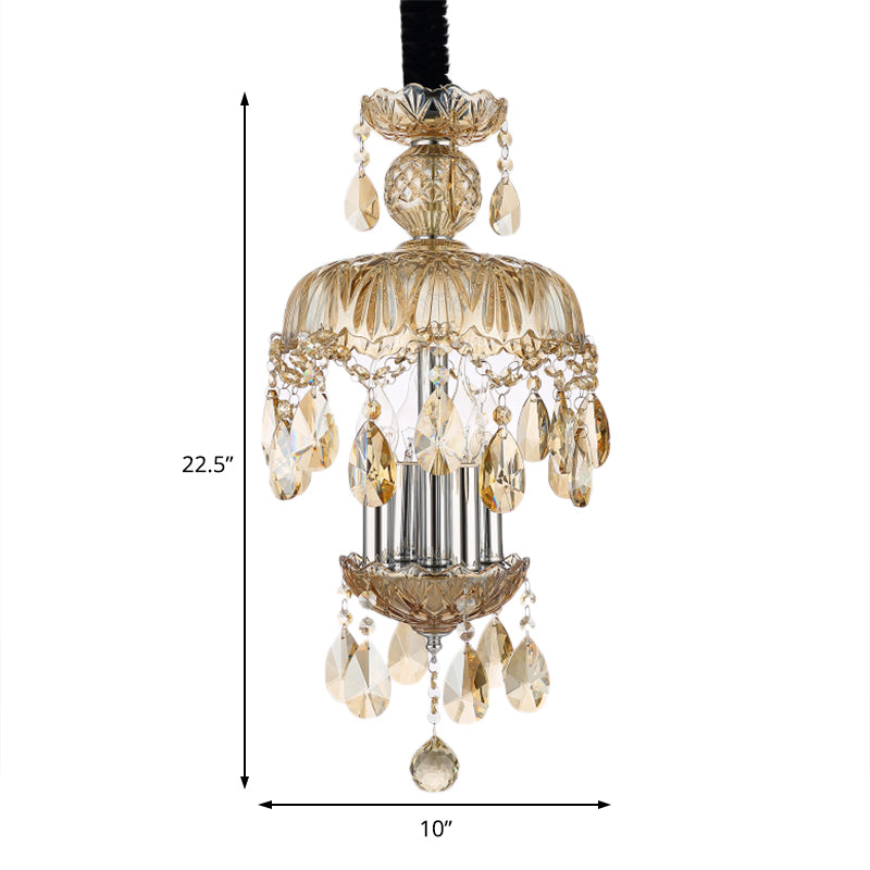 Crystal Teardrop Pendant Light Vintage Style 4 Lights Hanging Ceiling Light with Glass Shade in Amber