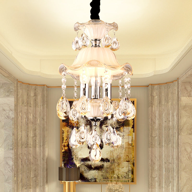 3 Lights Ruffled Edge Hanging Lamp Modern Frosted Glass Ceiling Chandelier Light with Clear Crystal Deco in Champagne