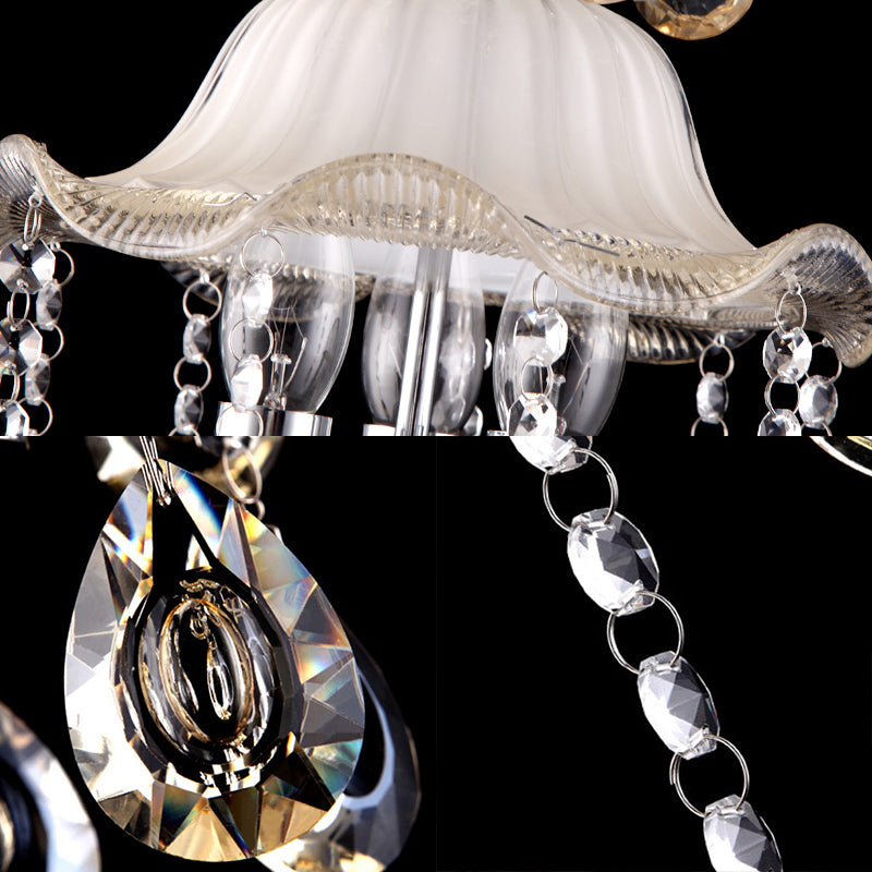 3 Lights Ruffled Edge Hanging Lamp Modern Frosted Glass Ceiling Chandelier Light with Clear Crystal Deco in Champagne