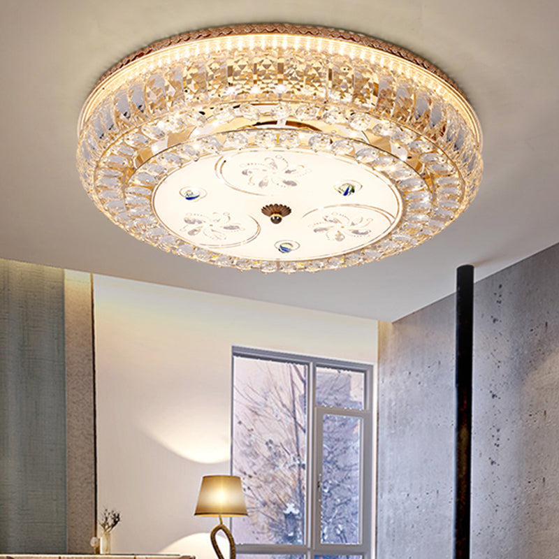 LED Drum Flush Light Modernism Clear Crystal Ceiling Light Fixture with Glass Diffuser and Flower/Butterfly Pattern in Gold