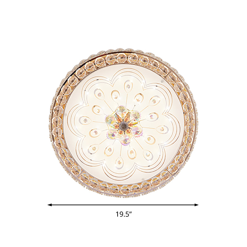 16"/19.5" Wide Round Ceiling Flush Light Metal and Crystal LED Flush Mount Lamp with Peacock Tail/Flower Pattern in Gold