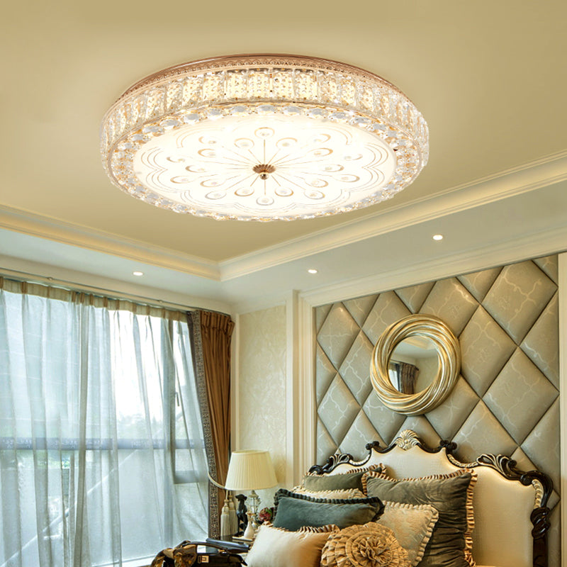 16 "/19.5" Wide Round Ceiling Flush Light Metal and Crystal DEL Flush Mount Lamp with Peacock Tail / Flower Pattern in Gold