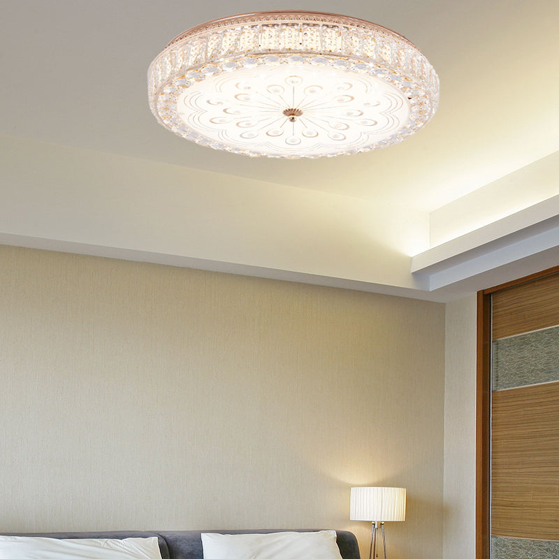 16"/19.5" Wide Round Ceiling Flush Light Metal and Crystal LED Flush Mount Lamp with Peacock Tail/Flower Pattern in Gold