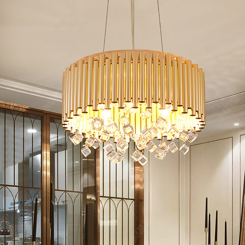 4/5 Lights Drum Hanging Pendant Light Modern Metal Chandelier Light with Cubic Crystal Accent in Gold, 16"/19.5" W