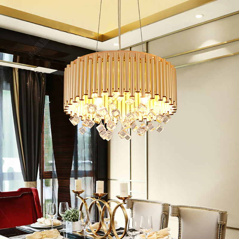 4/5 Lights Drum Hanging Pendant Light Modern Metal Chandelier Light with Cubic Crystal Accent in Gold, 16"/19.5" W