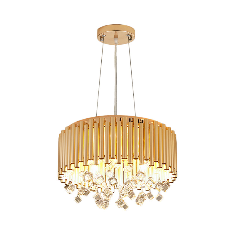 4/5 Lights Drum Hanging Pendant Light Modern Metal Chandelier Light with Cubic Crystal Accent in Gold, 16"/19.5" W