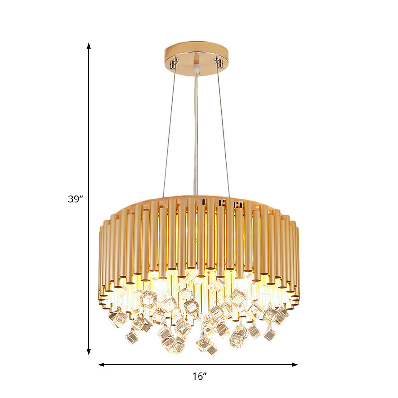 4/5 Lights Drum Hanging Pendant Light Modern Metal Chandelier Light with Cubic Crystal Accent in Gold, 16"/19.5" W