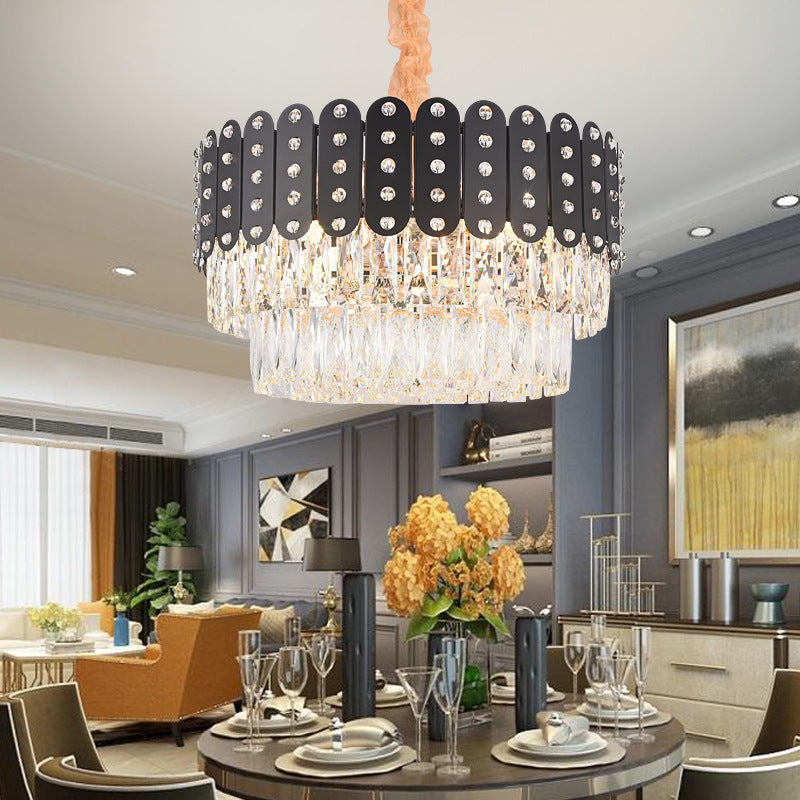 12 Lights Round Chandelier Pendant Light Vintage Metal Hanging Light with Crystal Block in Black Finish