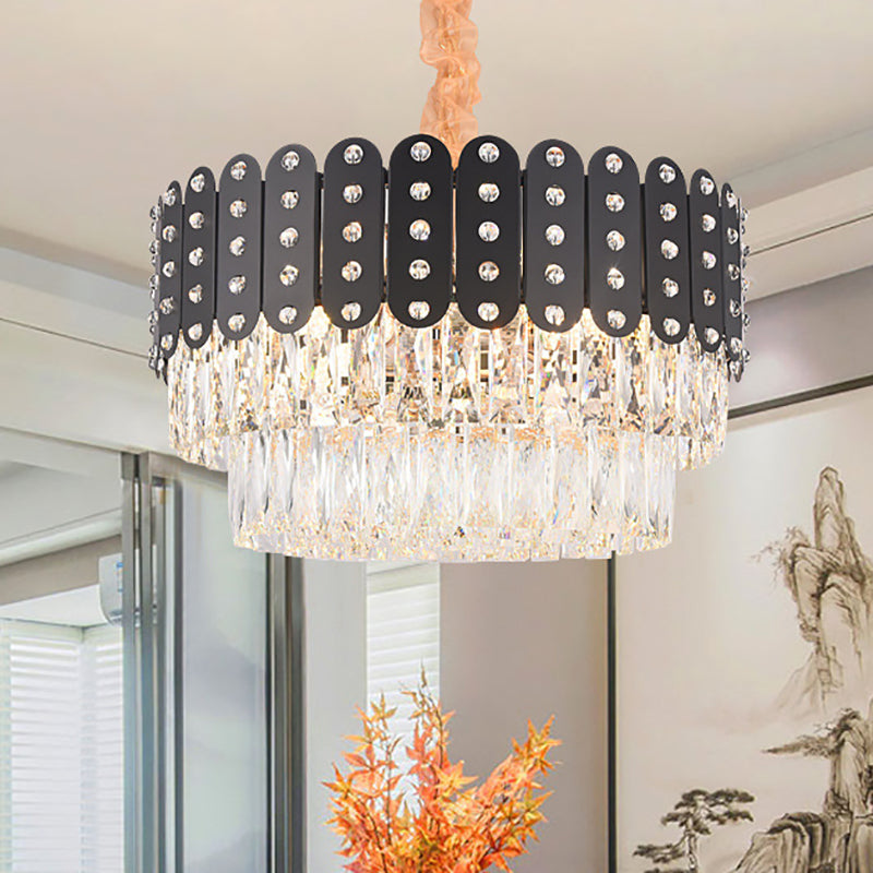 12 Lights Round Chandelier Pendant Light Vintage Metal Hanging Light with Crystal Block in Black Finish