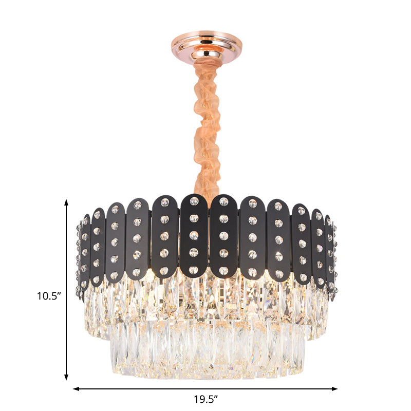 12 Lights Round Chandelier Pendant Light Vintage Metal Hanging Light with Crystal Block in Black Finish