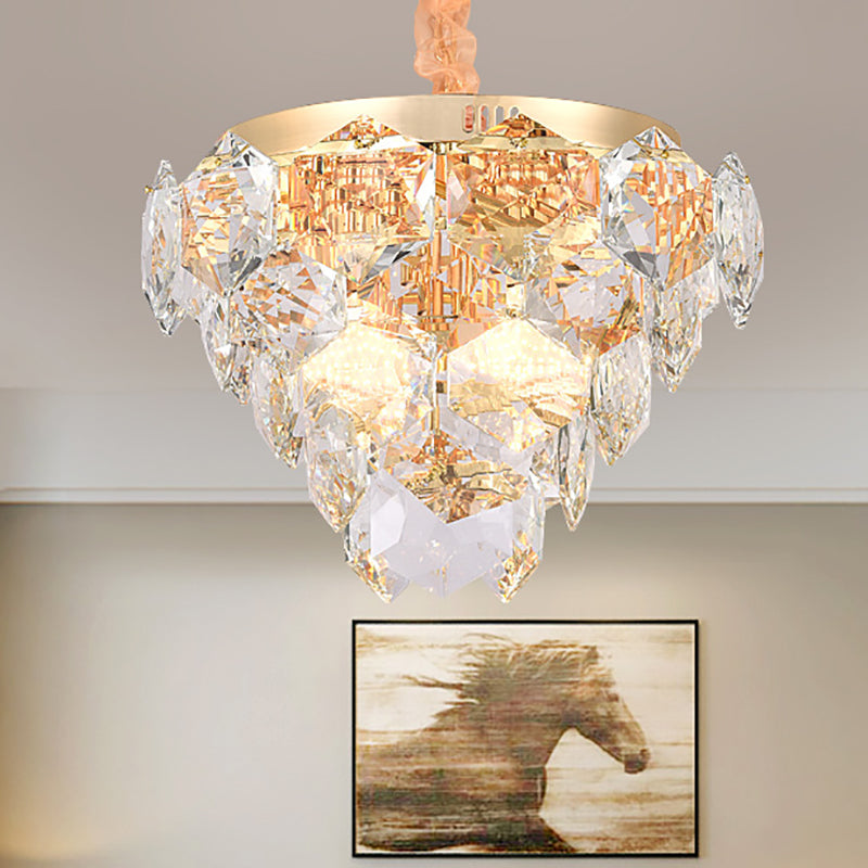 Multi Layer Hanging Ceiling Light with Faceted Crystal Modern 14 Lights Pendant Lamp in Gold for Living Room