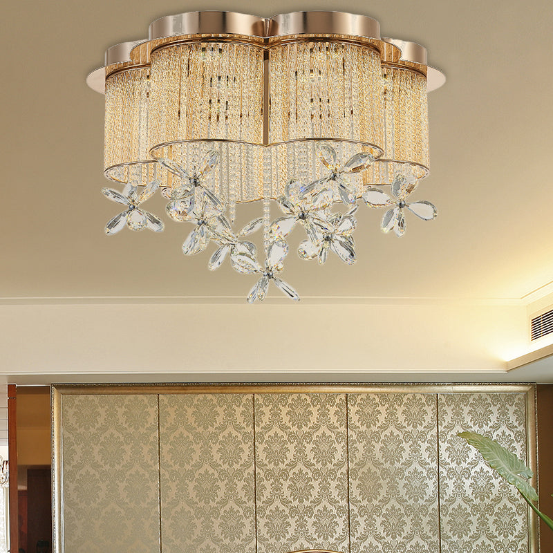 Gold Flower Shade Flushmount Lighting Moderne LED-Pendelleuchte aus klarem Kristall und Metall, 19,5"/23,5" breit