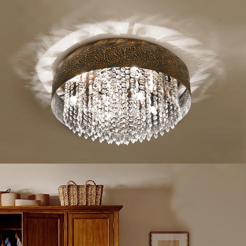 Bronzo Drum Flush Lamp Antico Stile Ferro 5/9 Luci Flush Montaggio Soffitto Luce con Crystal Accent, 16 "/19.5" Larghezza