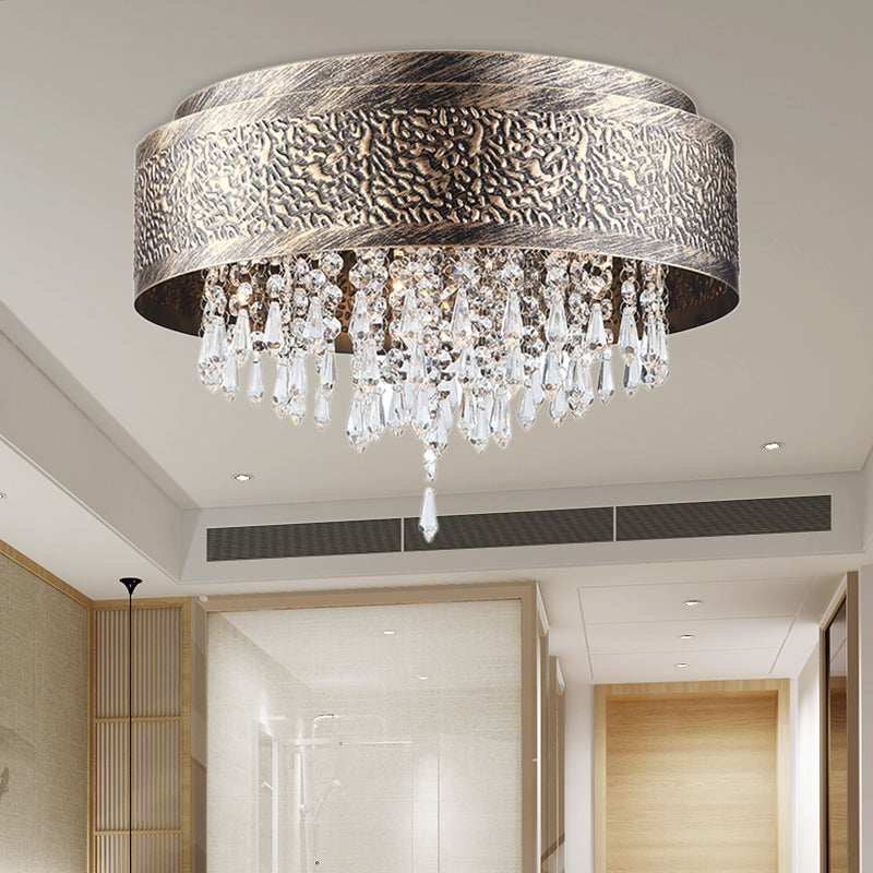 Bronze Drum Flush Lamp Antique Style Iron 5/9 Lights Flush Mount Ceiling Light with Crystal Accent, 16"/19.5" Width