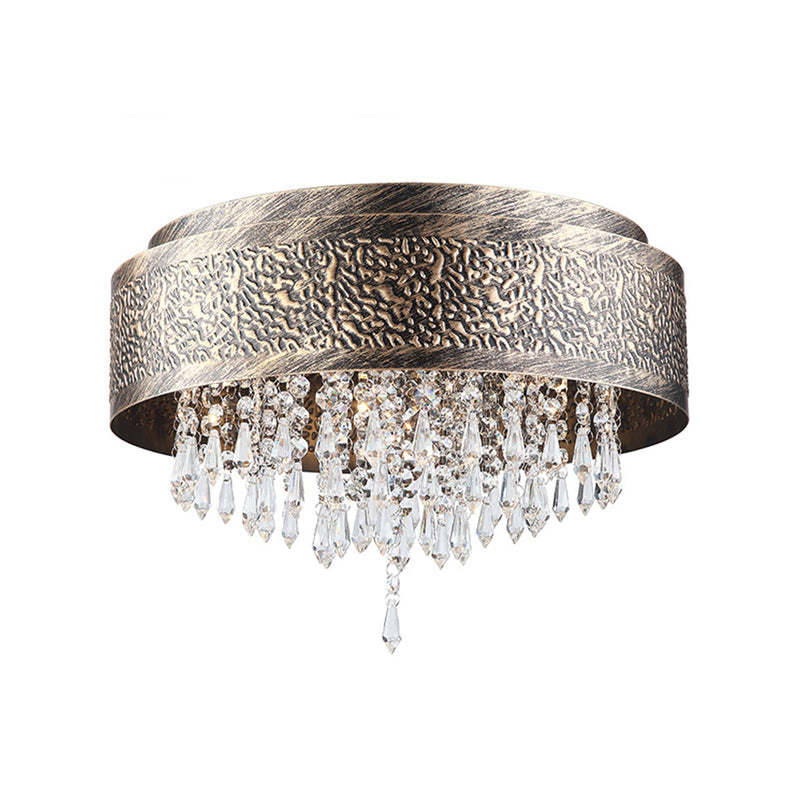 Bronze Drum Flush Lamp Antique Style Iron 5/9 Lights Flush Mount Ceiling Light with Crystal Accent, 16"/19.5" Width