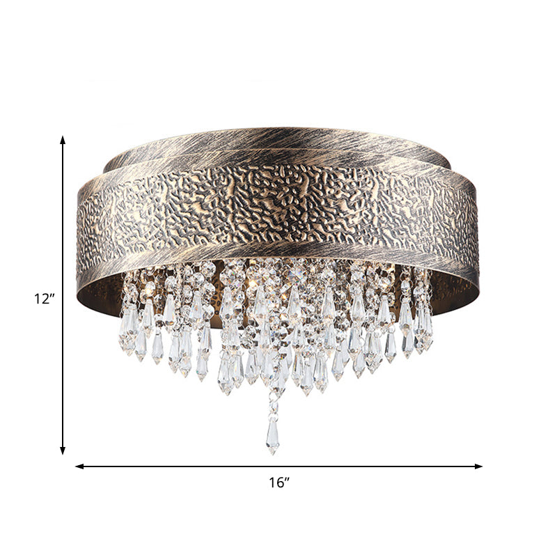 Bronze Drum Flush Lamp Antique Style Iron 5/9 Lights Flush Mount Ceiling Light with Crystal Accent, 16"/19.5" Width